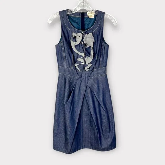 Karen Millen Womens Blue Denim Chambray Sleeveless Dress Ruffle Front size 4 - Picture 4 of 14